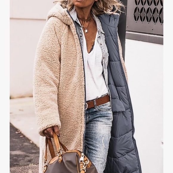 PRETTY GARDEN Reversible Winter Oversized Shearling Fleece Long Coat, Gray/tan - Picture 4 of 8